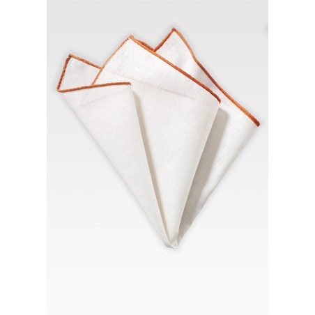 White Linen Hanky with Burnt Orange Border