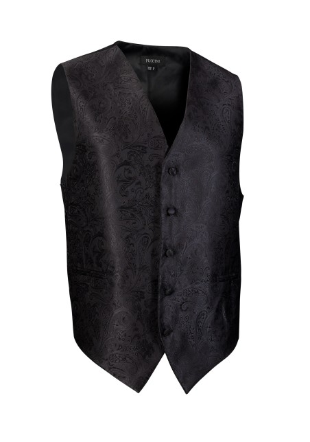 Shiny Jet Black Mens Dress Vest with Paisley Textured Design