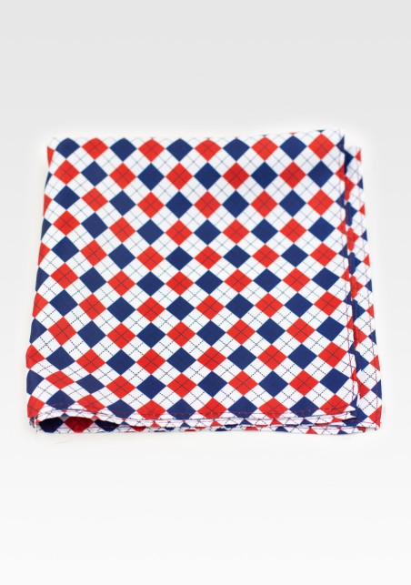 Red, Navy, White Harlequin Plaid Pocket Square