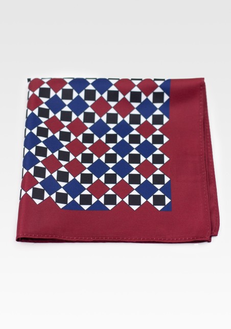 Retro Maroon, Dark Blue and White Geometric Print Hanky