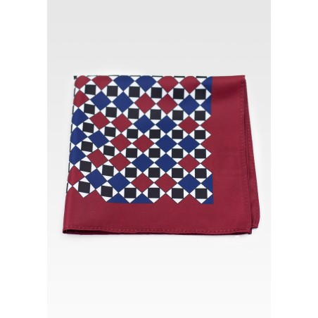Retro Maroon, Dark Blue and White Geometric Print Hanky