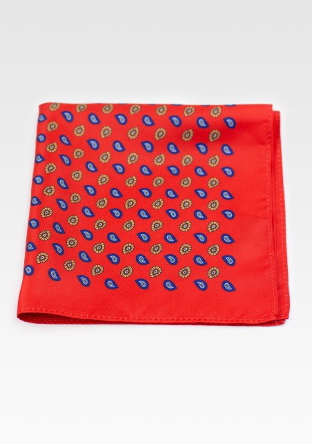 Suit Pocket Square in Bright Red with Dark Blue and Gold Paisley