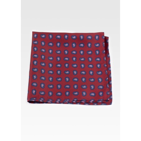 Maroon Red Pocket Square with Paisley Print in Pink and Blue