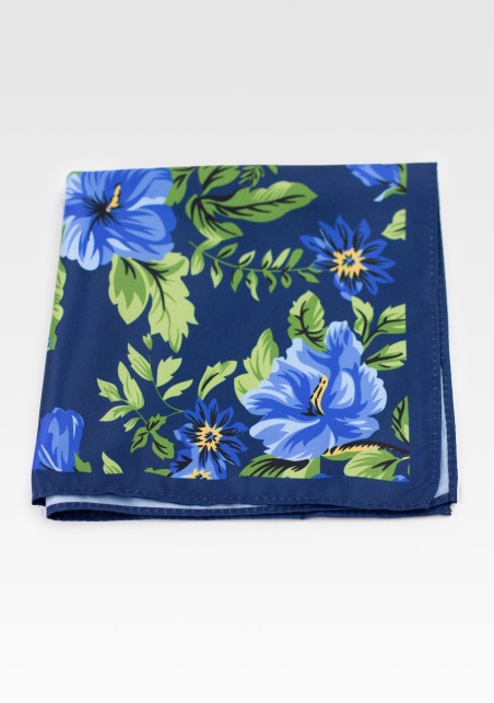Dark Blue Pocket Square with Floral Hawaiian Print