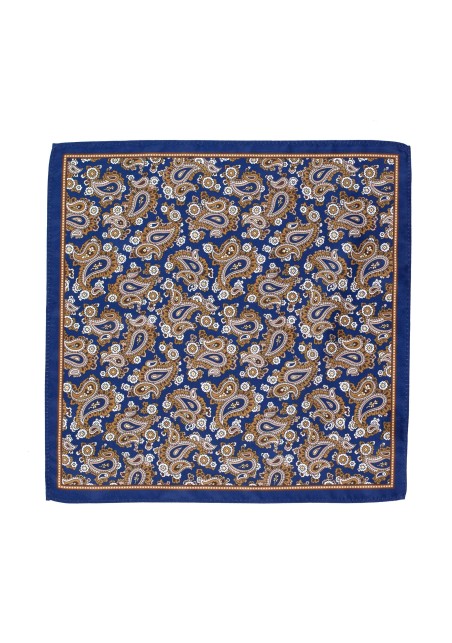 Suit Pocket Square in Dark Blue with Antique Gold Paisley Design