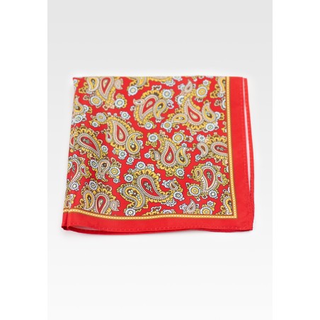 Bold Summer Paisley Pocket Square in Bright Red with Gold Paisley Design