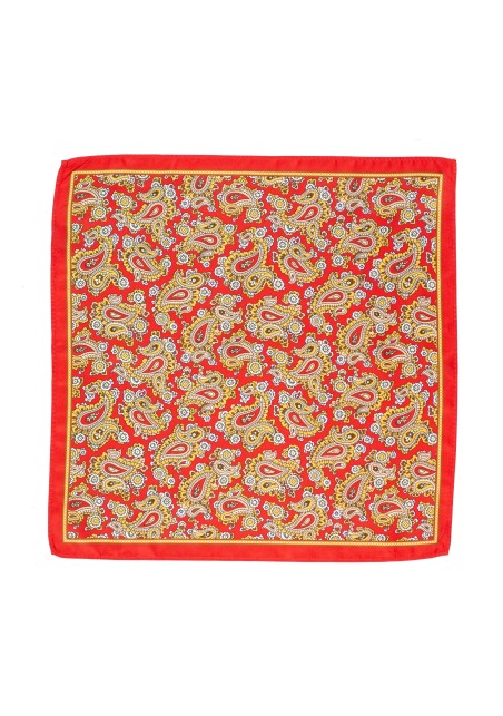 Bold Summer Paisley Pocket Square in Bright Red with Gold Paisley Design