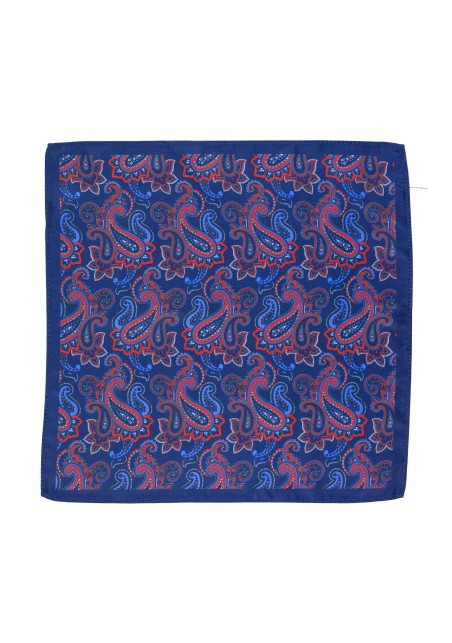 Dress Pocket Square in Dark Blue with Red Paisley Design