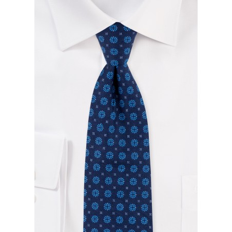 Slim Cut Cotton Tie in Navy with Geometric Design Print