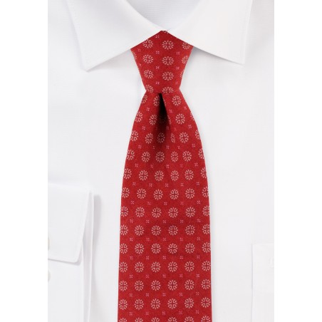 Slim Cut Geometric Design Print Tie in Cherry Red