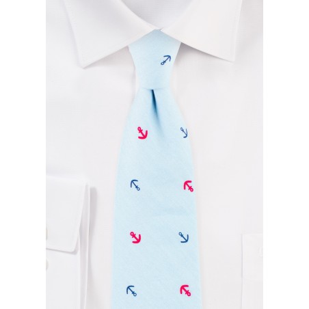 Light Sky Blue Anchor Print Cotton Tie in Skinny Cut
