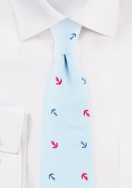 Light Sky Blue Anchor Print Cotton Tie in Skinny Cut