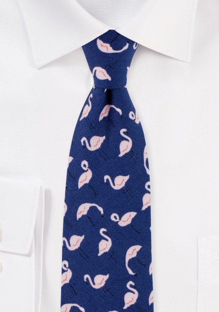 Flamingo Print Cotton Summer Navy Tie in Slim Width