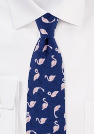 Flamingo Print Cotton Summer Navy Tie in Slim Width