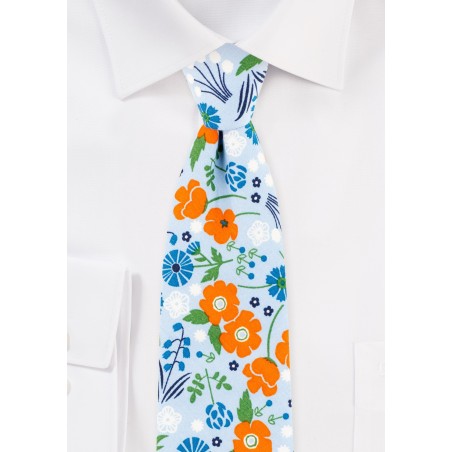 Sky Blue and Orange Floral Cotton Tie in Slim Width
