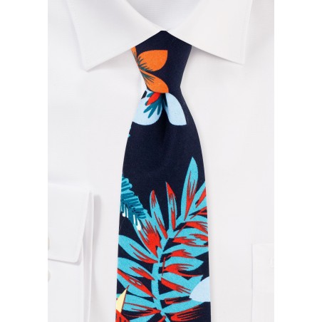 Dark Blue Hawaii Print Cotton Tie in Slim Cut