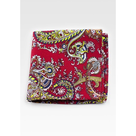 Cotton Pocket Square with Cherry and Gold Paisley Print