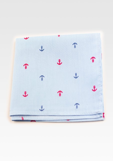Sky Blue Cotton Pocket Square with Printed Anchors