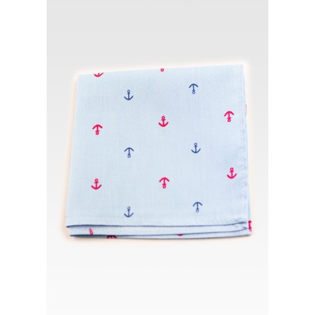 Sky Blue Cotton Pocket Square with Printed Anchors
