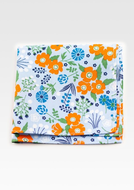 Floral Pocket Square in Light Blue and Orange