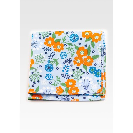 Floral Pocket Square in Light Blue and Orange