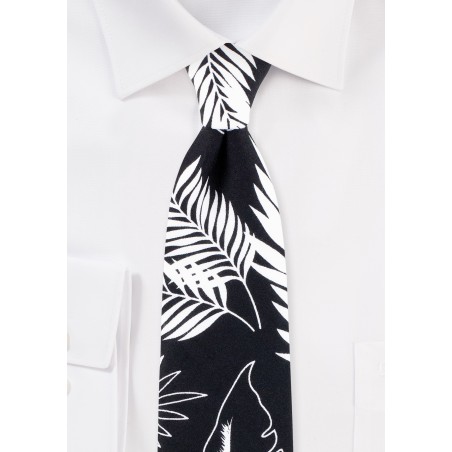 Tropical Palm Leaf Print Tie in Black and White