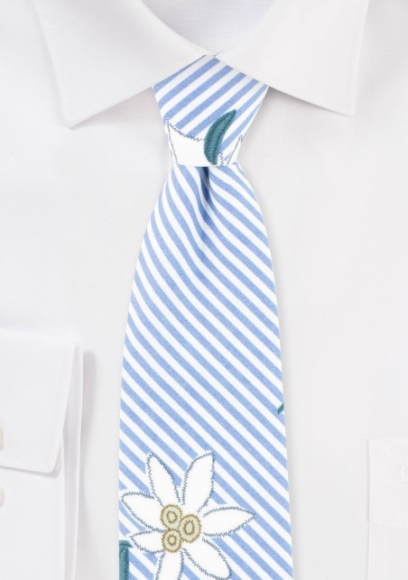 Summer Stripe Cotton Tie with Embroidered Florals