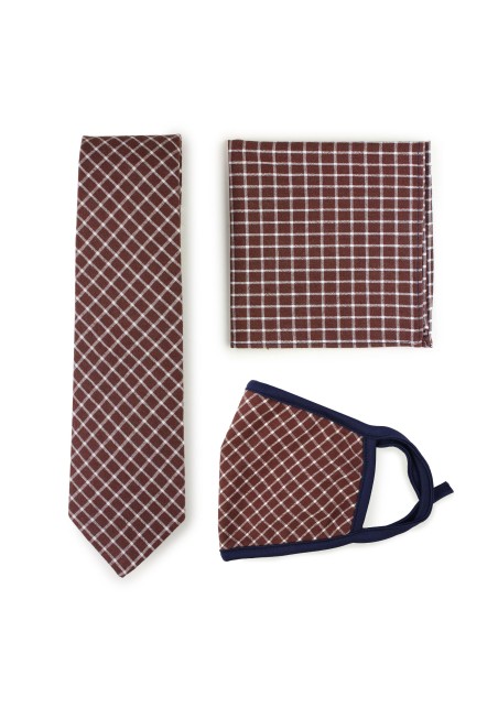 Tie + Mask Set in Brown with Window Pane Check