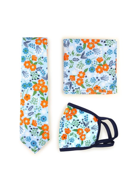 Sky Blue and Orange Skinny Tie + Mask Set