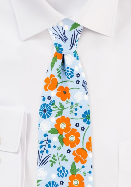 Sky Blue and Orange Floral Necktie
