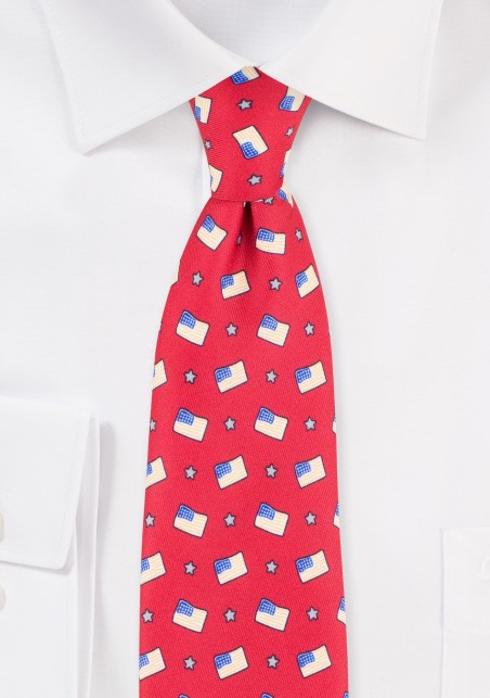 American Flag Print Mens Tie in Crimson Red