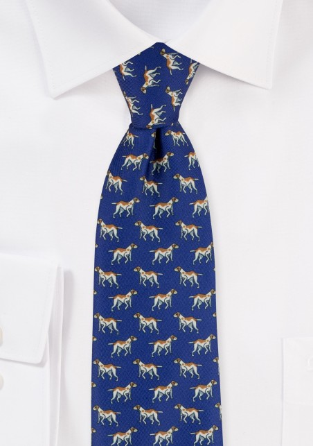 Trendy Mens Tie with Hounds Print in Navy and Tan