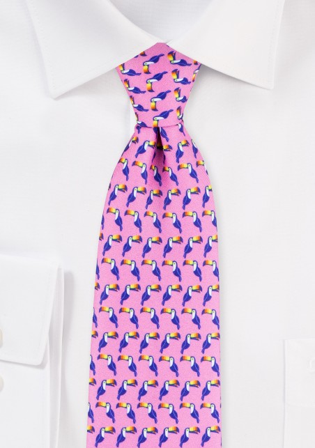 Summer Mens Tie in Pink with Fun Toucan Print