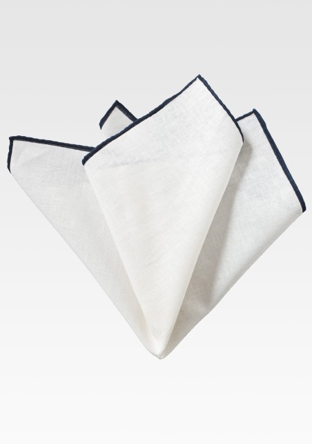 White Linen Hanky with Narrow Navy Border