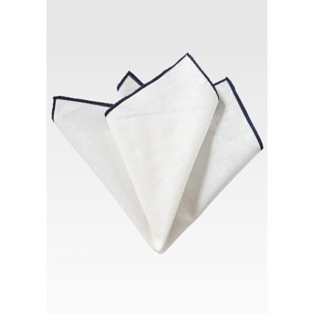 White Linen Hanky with Narrow Navy Border