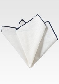 White Linen Hanky with Narrow Navy Border