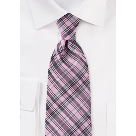 Modern Plaid Tie in Pink and Grey