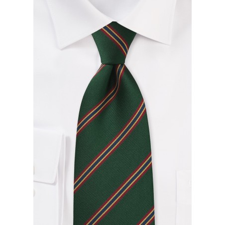 British Regimental Striped tie in Dark Green, Red, Gold, and Blue