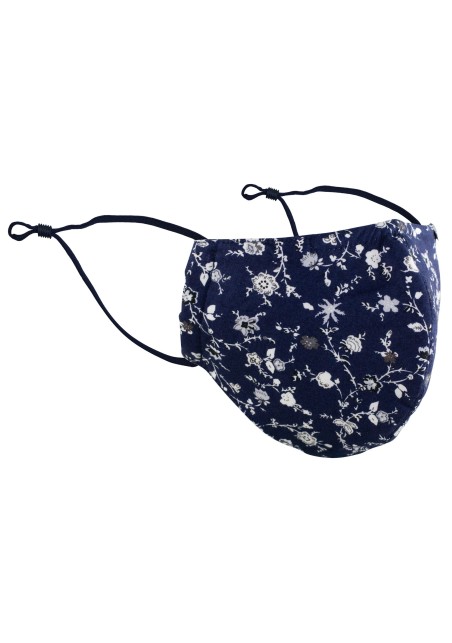 Royal Blue Cotton Filter Face Mask with Flower Design