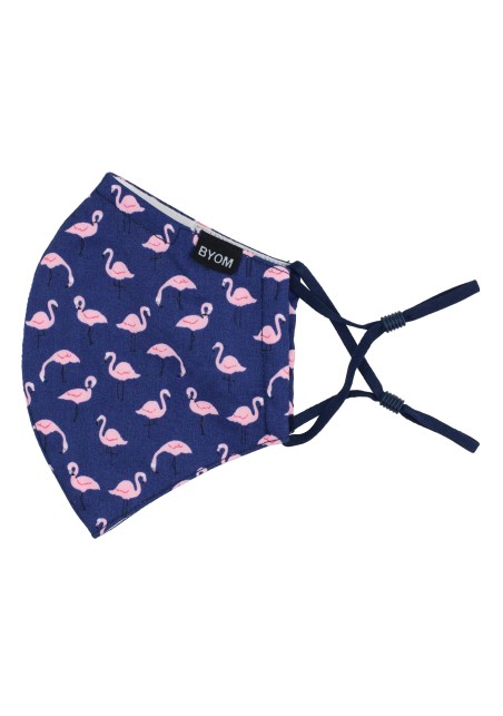 Pink flamingo print on dark blue face mask in 100% cotton