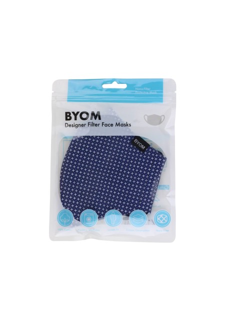 designer fabric face masks by BYOM in navy with star print flat in bag