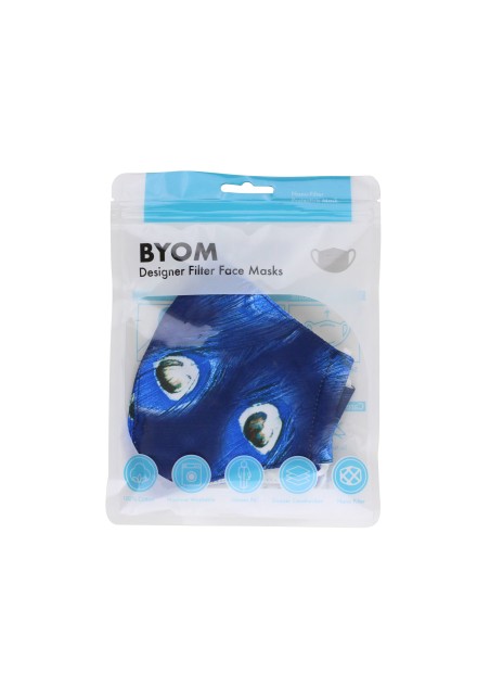 dark blue peacock print face mask in bag
