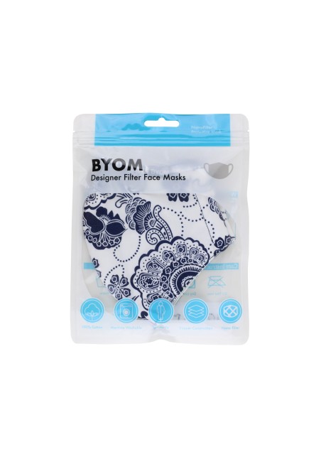 White and Navy Floral Paisley Cotton Filter Mask in Bag