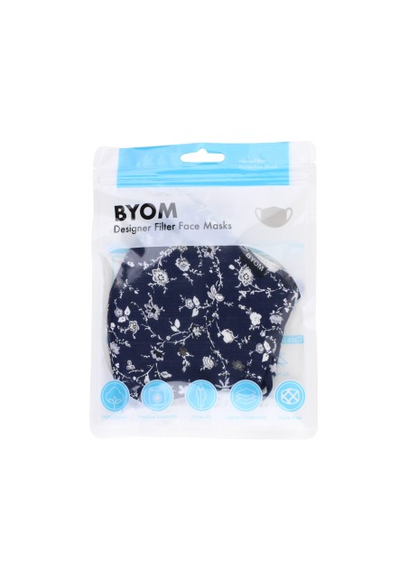 Royal Blue Cotton Filter Face Mask with Flower Design in Bag