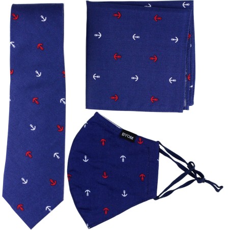 Skinny Anchor Print Tie + Mask in Navy