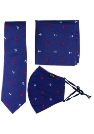 Skinny Anchor Print Tie + Mask in Navy