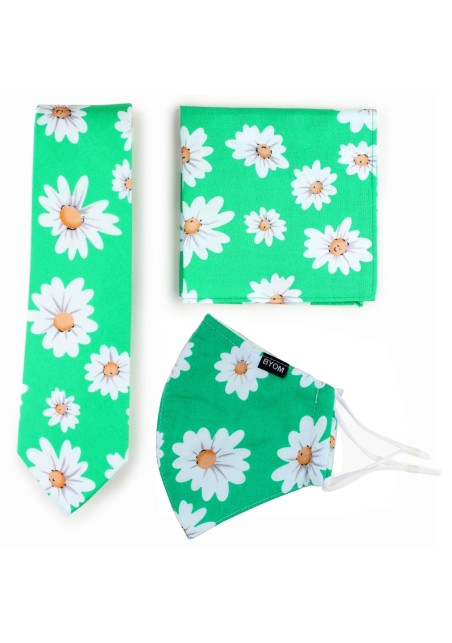 Spring Green Daisy Print Tie + Mask Set