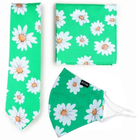 Spring Green Daisy Print Tie + Mask Set