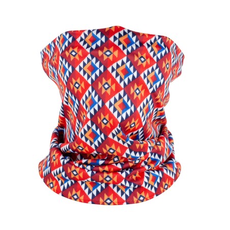 neck gaiter in red and orange tribal print