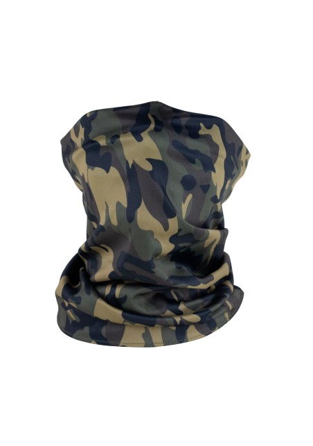 camo print nack gaiter in olive green and brown